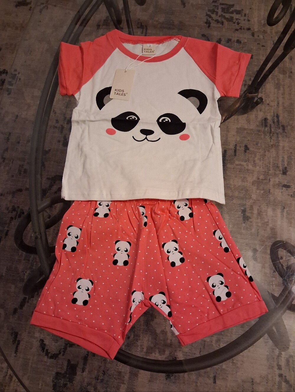 Kids Tales Coral & White Panda Short Pajama Set